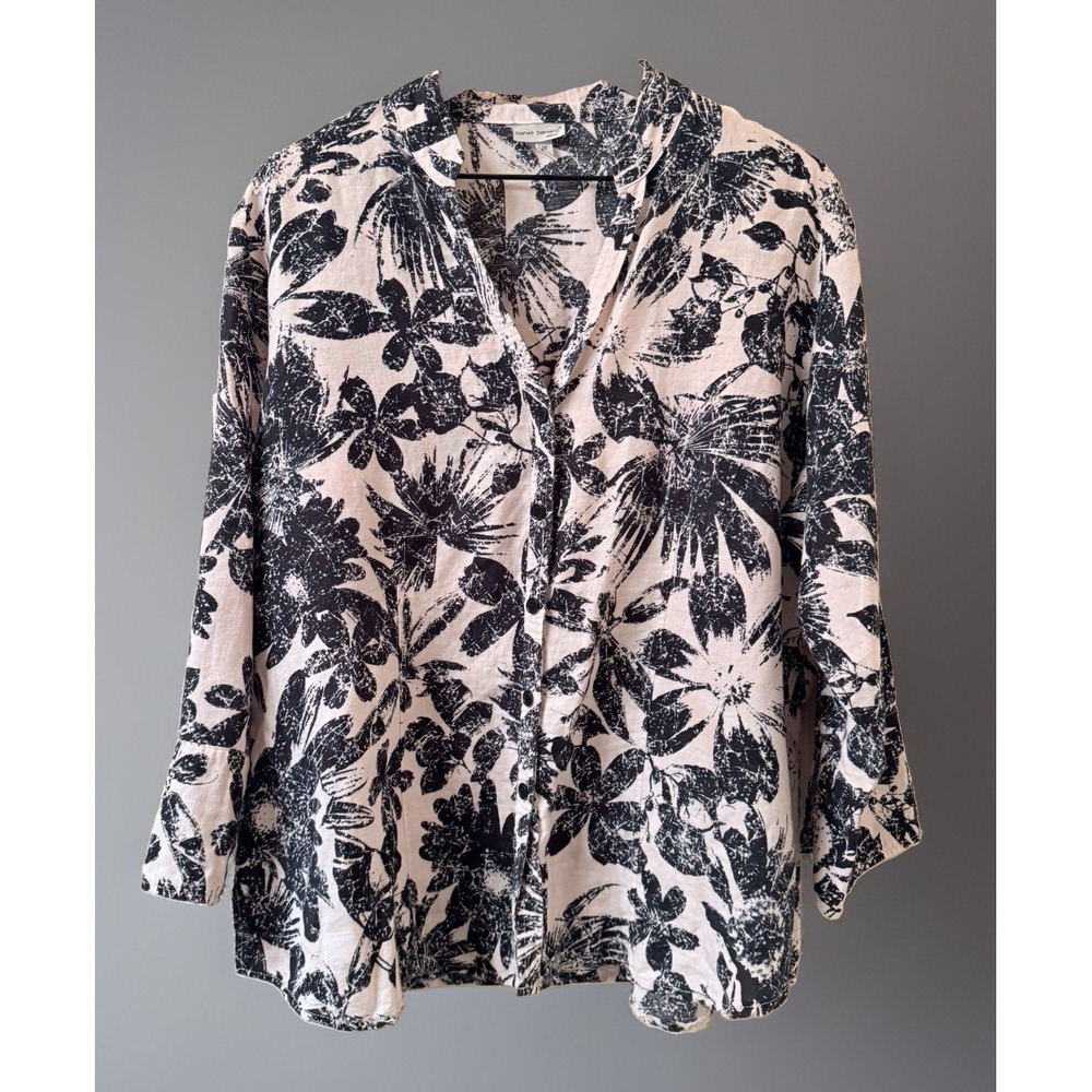 Harvé Benard Woman Linen Blend Floral Shirt Size 1X Black Tan Button Front Top